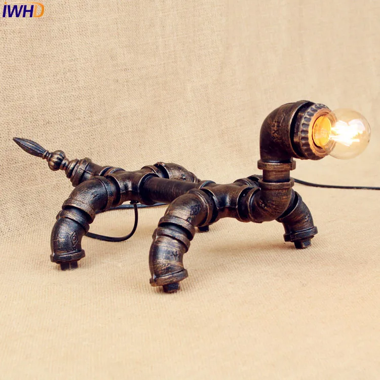 

IWHD Water Pipe Table Lamp Living Room Bedroom Little Dog Style Loft Industrial Table Lamps Decorative Lampara De Mesa