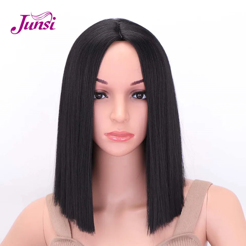 Junsi Short Red Bob Synthetic Wigs Black Straight Hair Middle Part