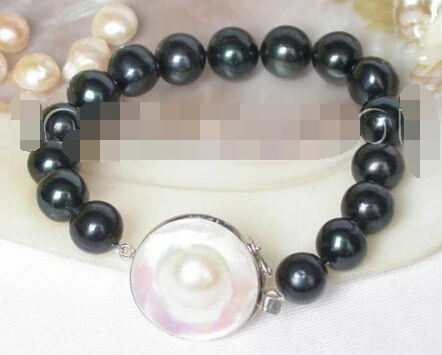

001597 WOW 11-12mm round black freshwater pearls bracelet Mabe pearls