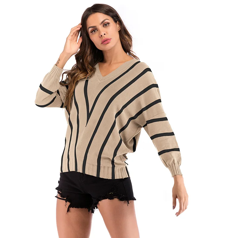Женский свитер в полоску с длинными рукавами, v-образный вырез, трикотаж, свободные рукава летучая мышь, джемпер, 4 цвета