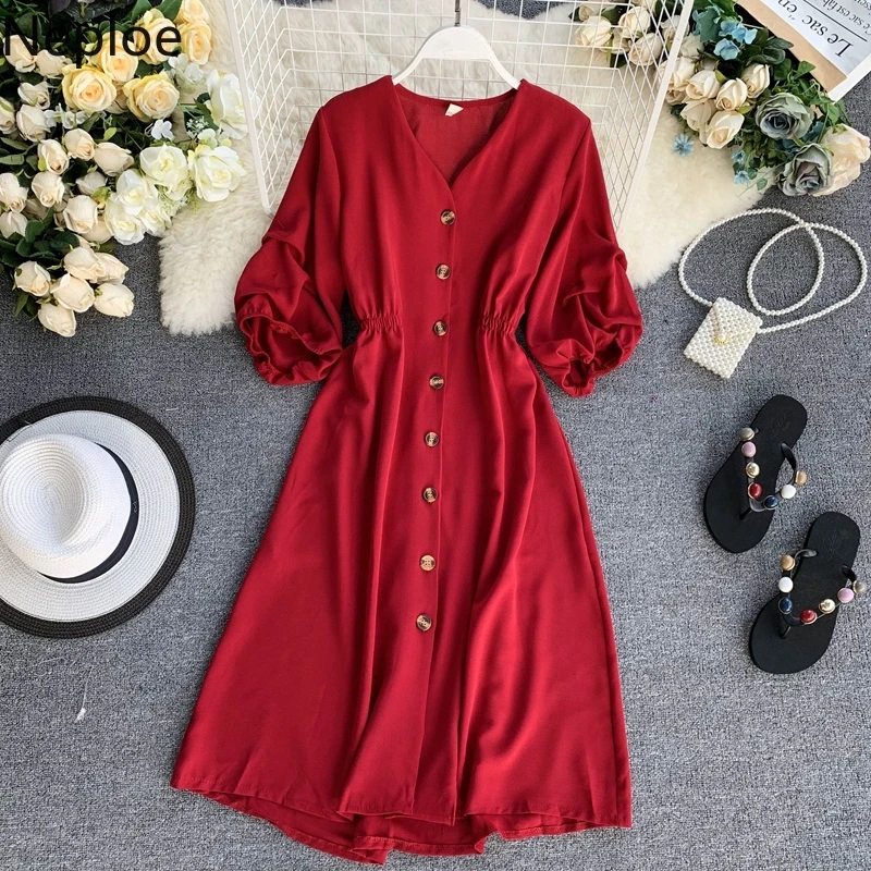 

Neploe French Solid Women Dress Simple V-Neck Short Sleeve Vestidos Summer 2019 Single Breasted Pleated Dresses 44470