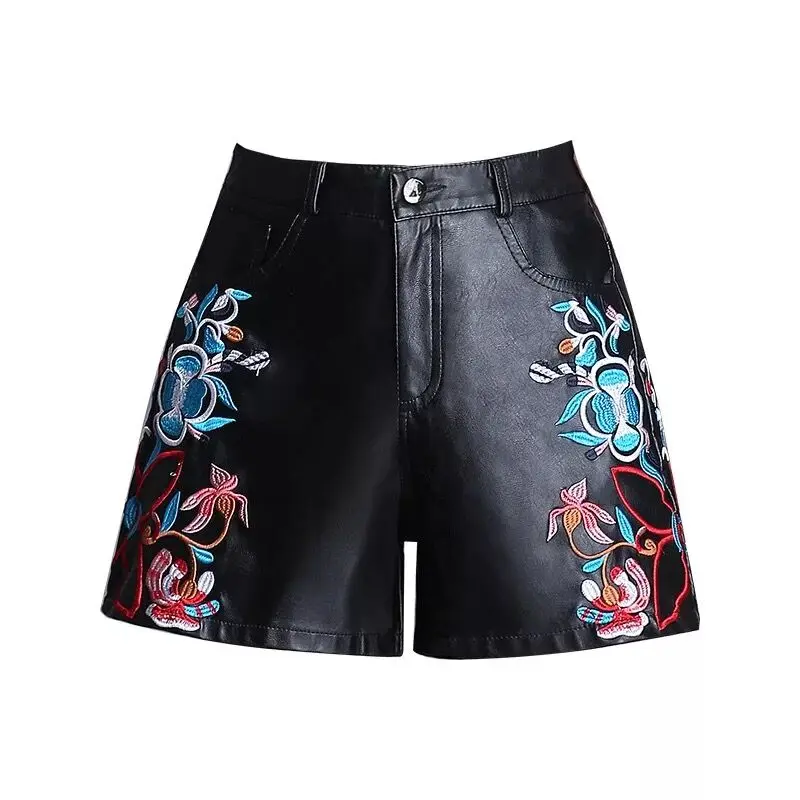 Embroidered Wide Leg Short Pants Women High Waist Loose Women