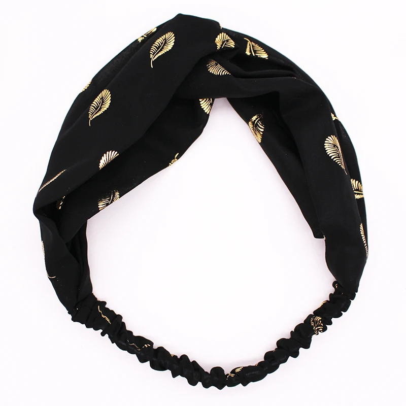 

Bohemian Women Girls Gold Pattern Print Elastic Headband Chiffon Gilding Leaf Hairband Hair Accessories