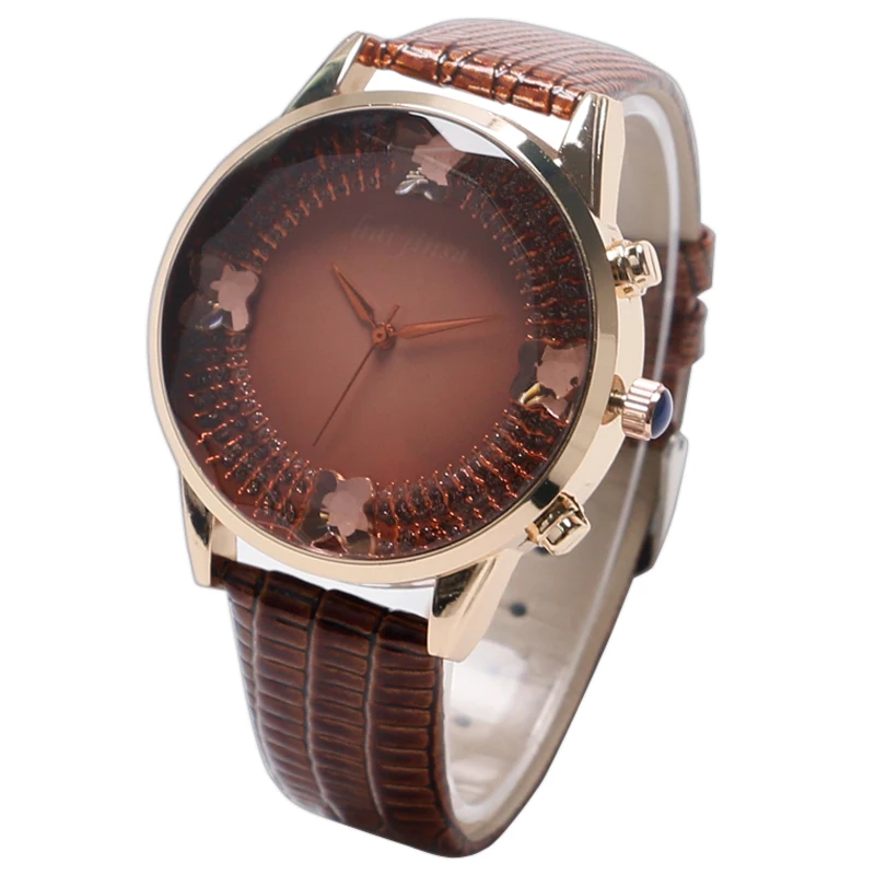 Brown Leather Band Crystal Butterfly Dial Quartz Wrist Watch Stainless