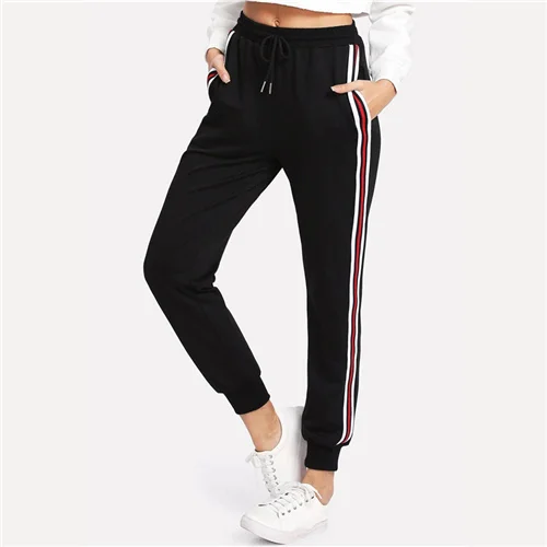 SweatyRocks радужные полосатые боковые тренировочные брюки черные свободные спортивные штаны с завязками на талии женские летние брюки со средней талией - Цвет: Многоцветный