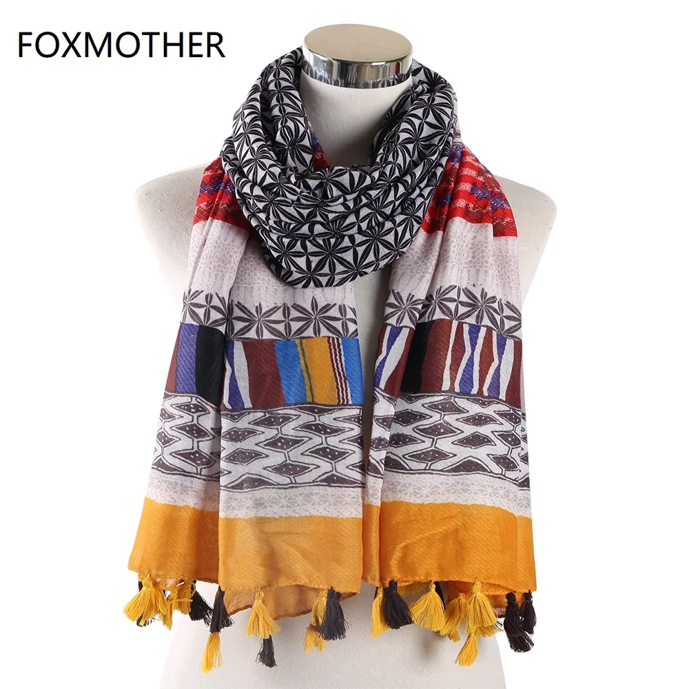 FOXMOTHER новый бренд богемный осень зима геометрический шарф хиджаб шарфы Foulard женская накидка шарфы с кисточками для женщин