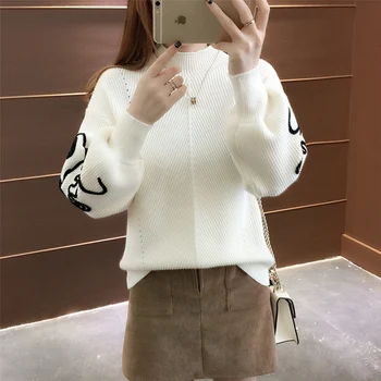 

New Fashion 2019 Women Autumn Winter Embroidery Cat Brand Sweater Pullovers Warm Knitted Sweaters Pullover Lady