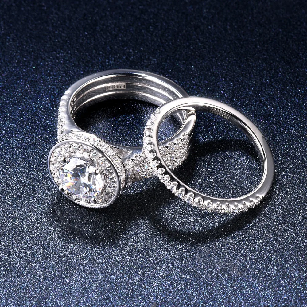 Женское роскошное обручальное кольцо с бриллиантами 1,5 карат, 2 в 1, цельное 925 пробы Серебряное обручальное кольцо с фианитами для женщин