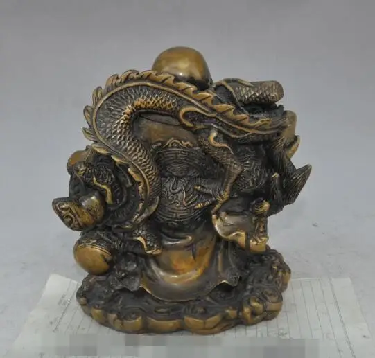 

S0908 9"china bronze dragon wealth yuanbao happy laugh Maitreya Buddha gourd statue