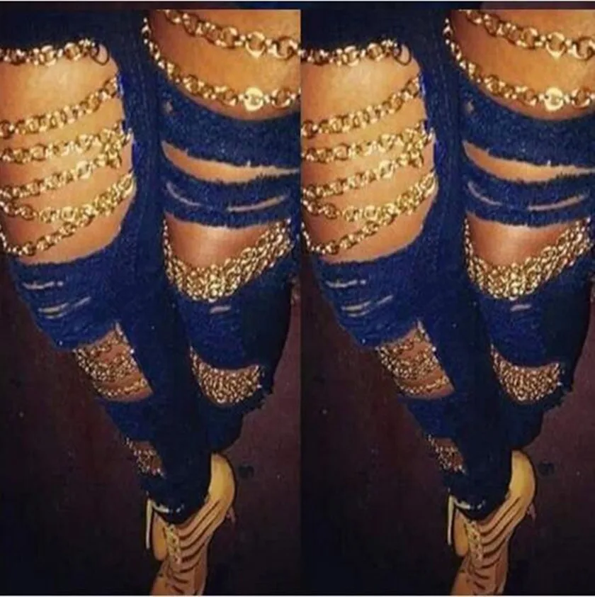 

Chains Ripped Jeans For Women High Waist Big Size Sexy Blue Denim Pants Knee Holes Distressed Strechy Pencil Pants