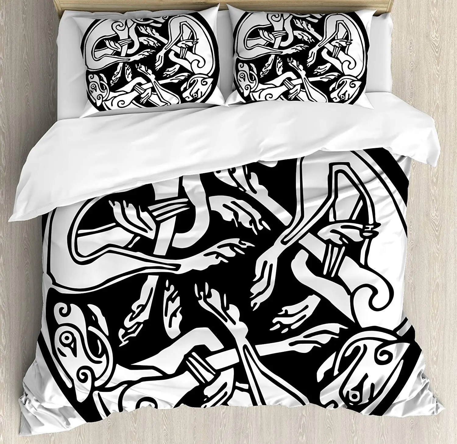 

Celtic Duvet Cover Set Three Dogs Biting Their Tails Animal Forms Vikings Heritage Celtic Knots Medallion