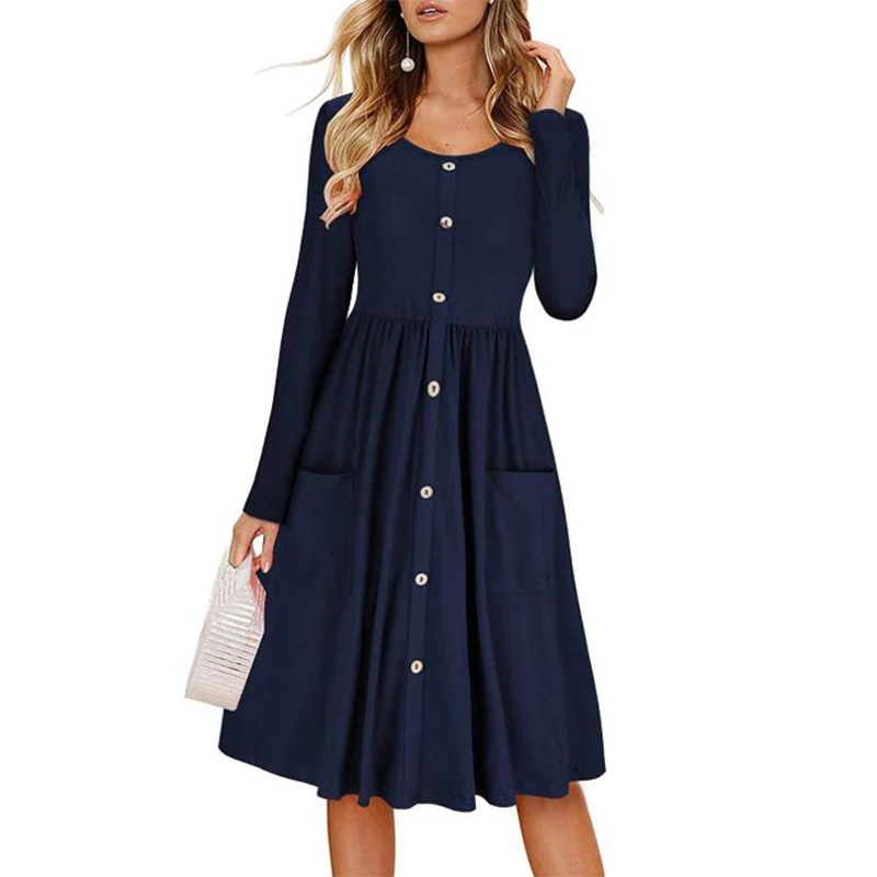 

Autumn Round Neck High Waist pocket Button Midi Dress female Solid Color Long-sleeved Vintage Dress Casual Party Dress