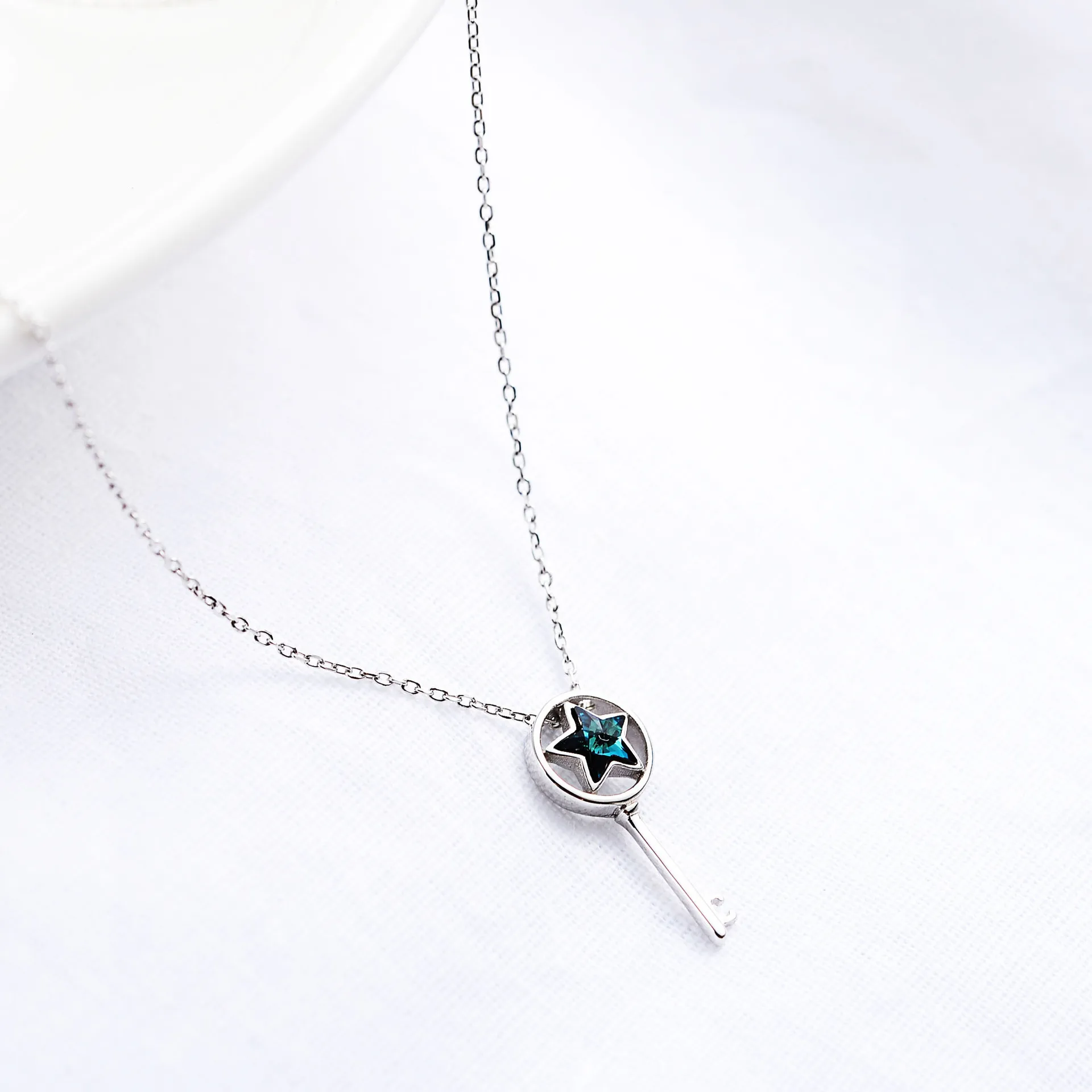 blue crystal star key necklace woman 100% 925 Sterling silver nacklace Jewellery Clavicle chain pendant charms gift