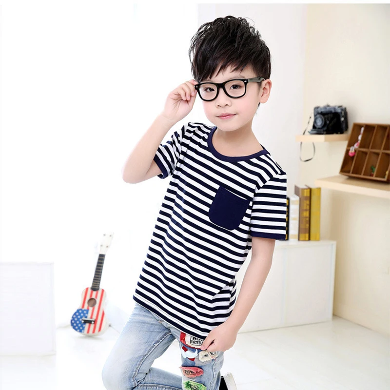 

2019 summer boys T-shirt all-match sports leisure 3-11 years old children selling cotton striped cloth Pocket leisure Shirt