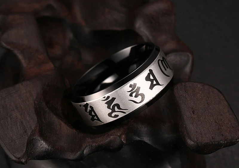 Meaeguet Traditional Om Mani Padme Hum Men Ring Black Color Wedding Rings For Men Jewelry Stainless Steel Ring