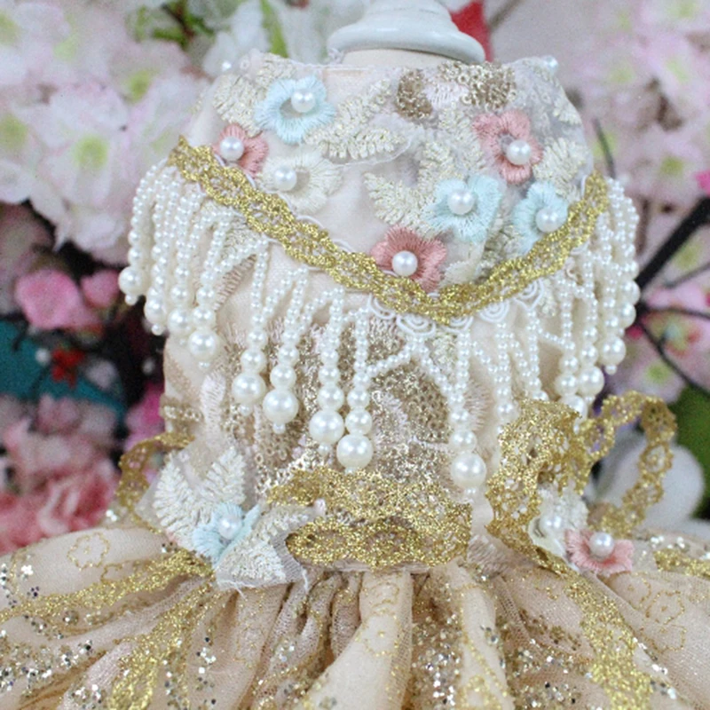 Платье для собак Роскошная Одежда для щенков свадебное платье принцессы блестящая золотая леди короткий стиль юбка-пачка ручная вышивка пудель