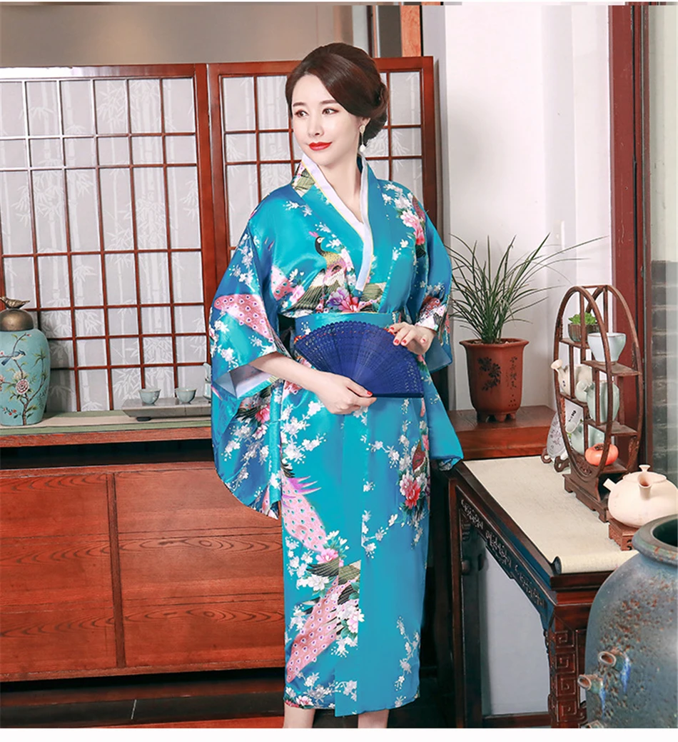 Новая шелковая Традиционная японская мода кимоно для женщин Павлин Мужская пижама-кимоно платье в азиатском стиле Haori Obi взрослая