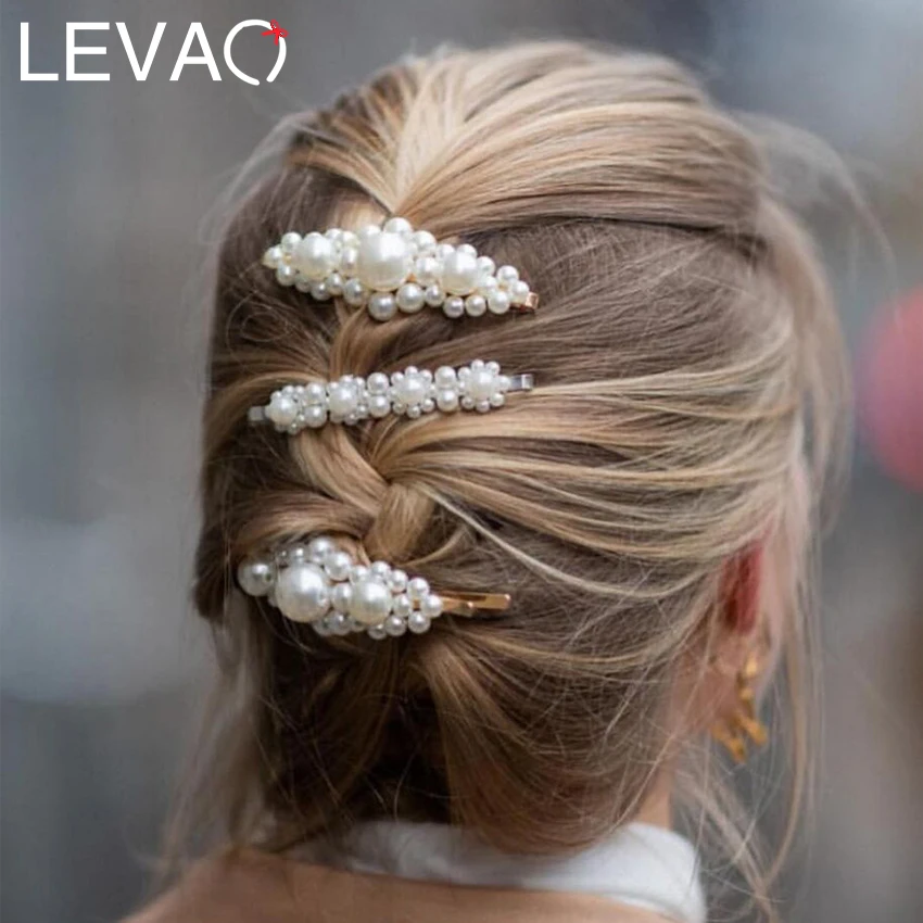 

Levao 2019 New Women Hair Accessories Pearl Hair Clip Snap Pin Metal Geometric Alloy Hairpins Barrettes Hairgrip Barrette Girls