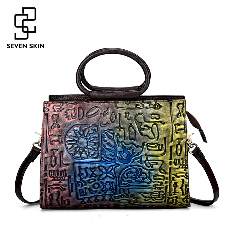

SEVEN SKIN Brand Genuine Leather Handbag Women Small Tote Bag Vintage Shoulder Bags Female Floral Print Leather Messenger Bag
