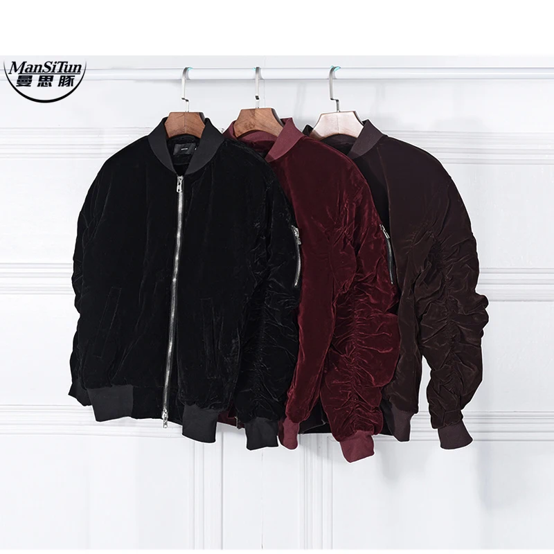 Man Si Tun 2017 fashion Kanye West Oversized Jackets Vintage Wine Red Velvet Fabric Pleated Sleeve