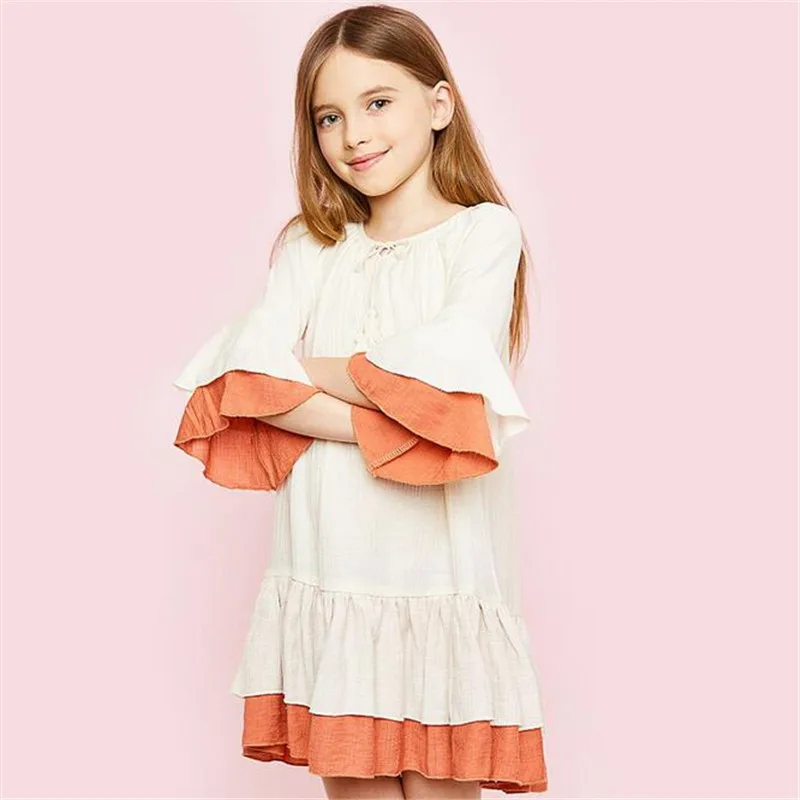 2017 Summer Teenager Fashion Ruffle Dresses Junior Summer Flare Sleeve Dress Big Babies Casual 