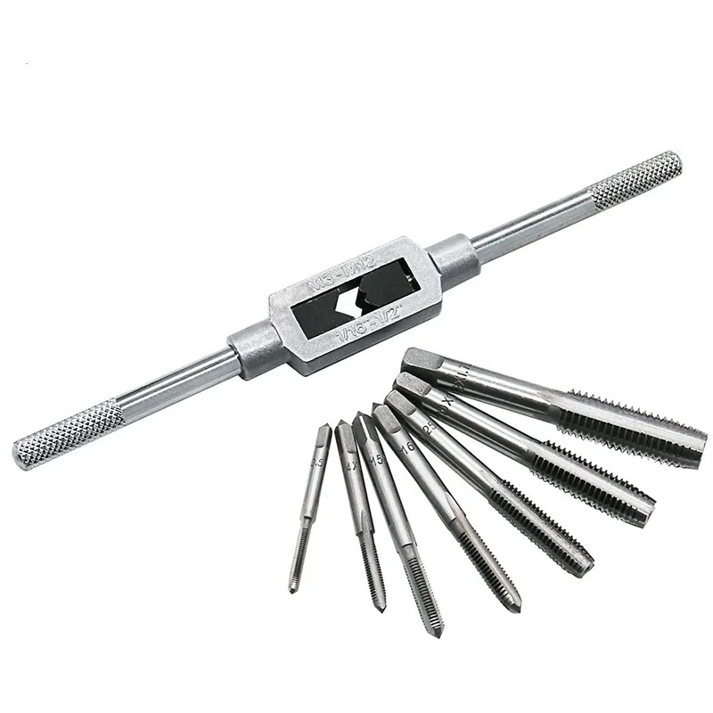 

8pcs Thread Metric Machine Hand Screw Thread Plug Taps Set M3 M4 M5 M6 M8 M10 M12 with Adjustable Tap Wrench1/16-1/2''