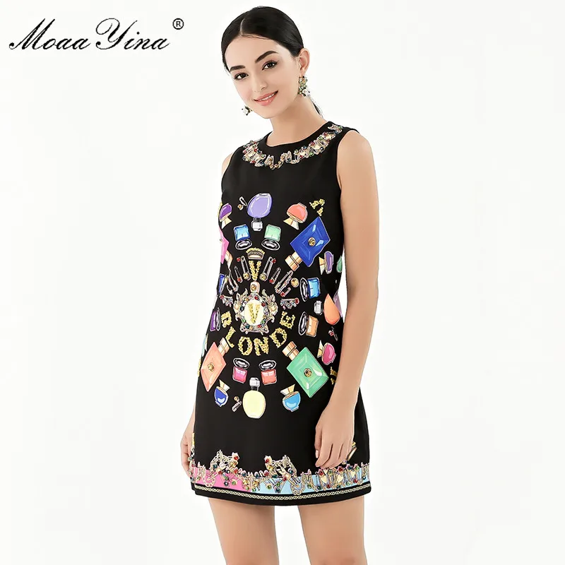 

MoaaYina Fashion Designer Runway dress Spring Summer Women Dress Beading Crystal Diamond High Quality Print Dresses