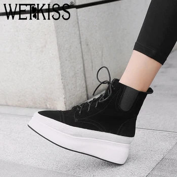 

WETKISS Cow Suede Women Ankle Boots Pointed Toe Lace Up Footwear Platform Female Boot Girl Fashion Casual Shoes Woman Winter