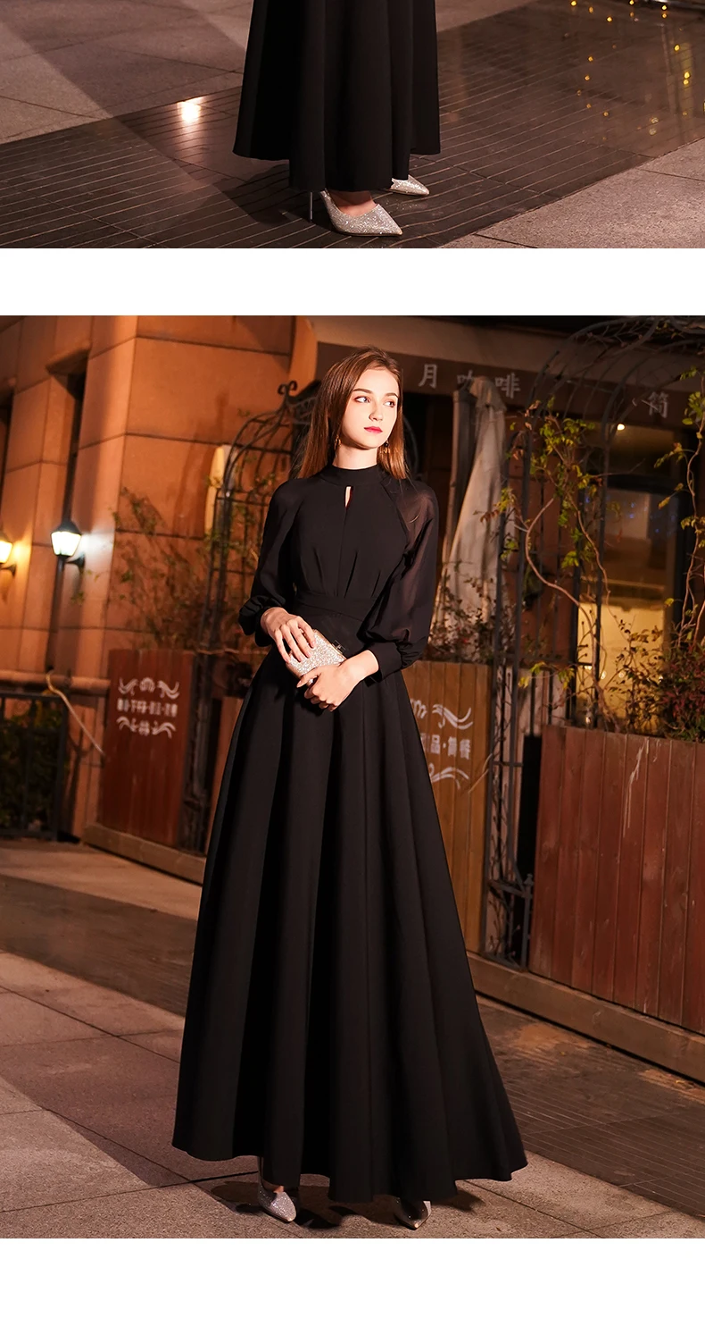 Weiyin черные элегантные трапециевидной формы длинное вечернее платье с высоким воротом одежда с длинным рукавом Вечерние платья лиф платье для летней WY1242