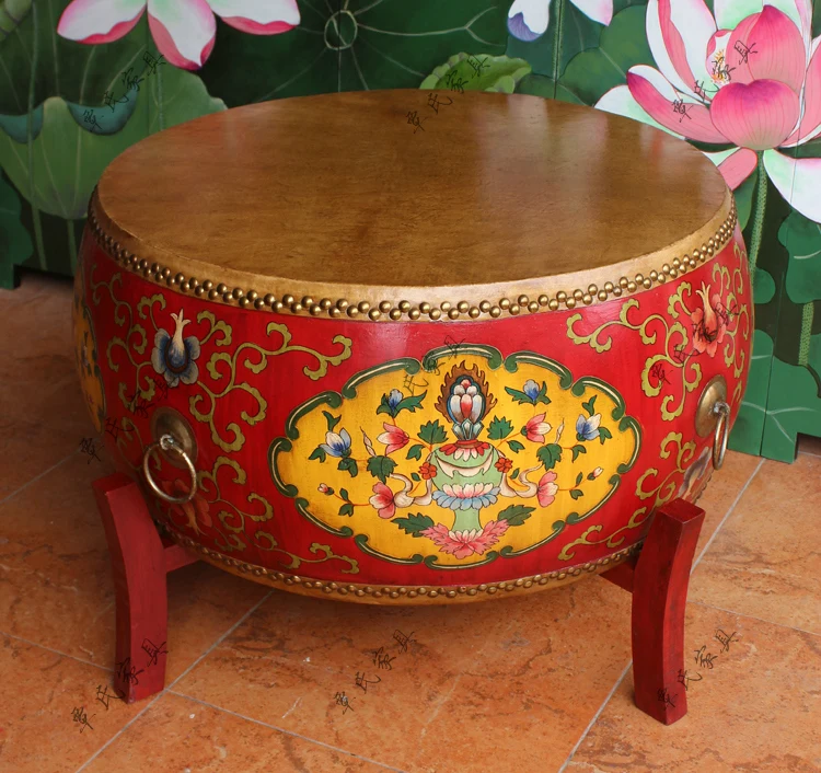 American round tea table do old leather tea-table hand-painted drum drum stool european-style solid wood tea table