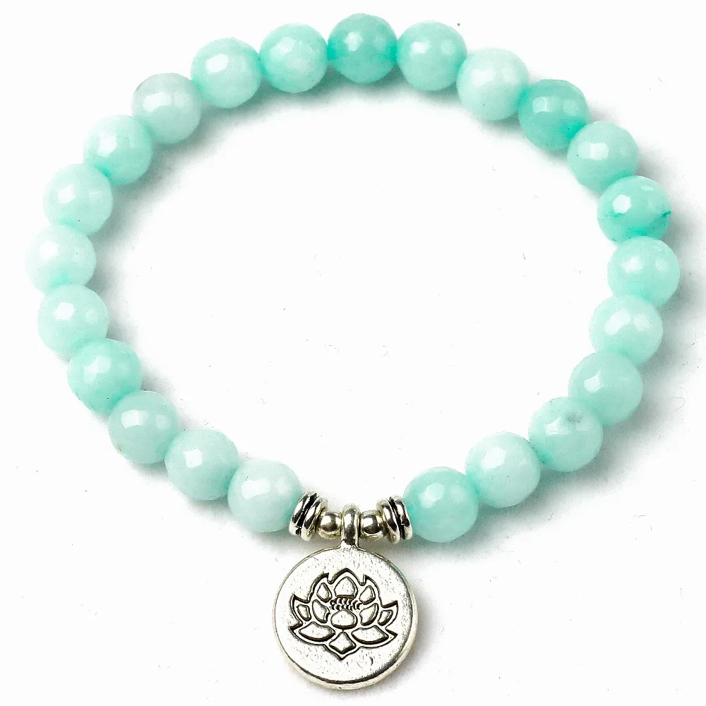 8mm Faced Natural Blue Stone Lotus Buddha Charm Bracelet High Quality