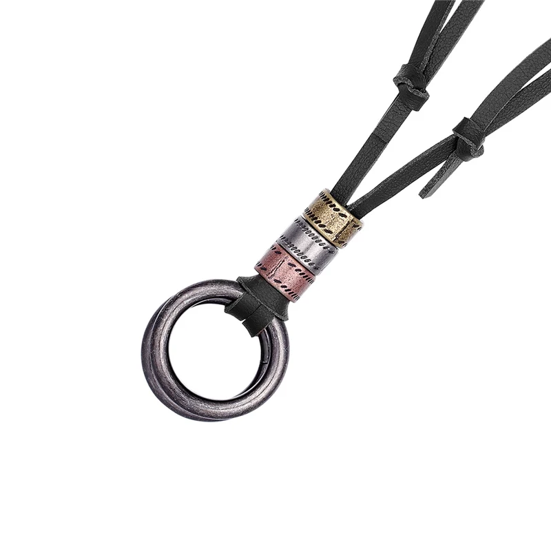 

2019 Original Genuine Black Brown Leather Necklace Men Double Circle Charm Pendant Necklace Punk Jewelry Choker Women's Gifts