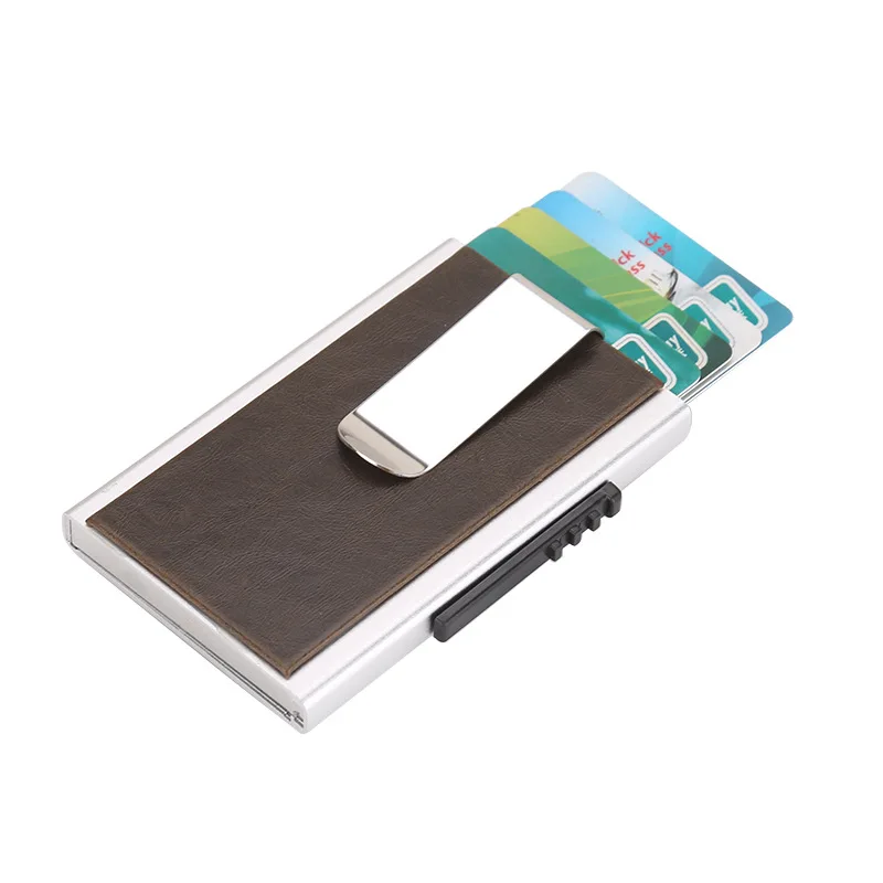 

Metal Travel Card Wallet Automatic Pu Bank Card Case Click Slide Holder Stainless Steel Bank Card Cover