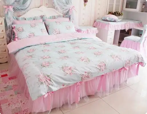

Blue Pink Floral Bedding Sets,Korean Romantic Floral Print Bedding Sets,Cartoon Bedding,Queen Size,4Pcs