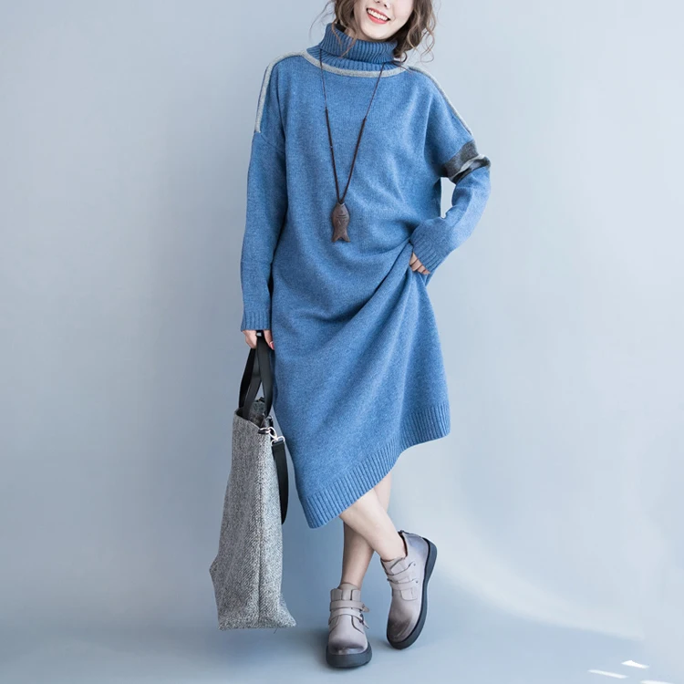 Зимнее женское свободное повседневное лоскутное платье-свитер с высоким воротом, Модные осенние длинные теплые платья размера плюс, верхняя одежда