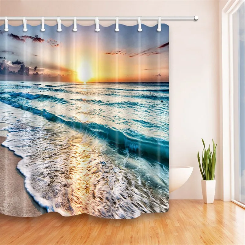 Ocean Nautical Coastal Beach Sunset Bathroom Fabric Shower Curtain Set ...