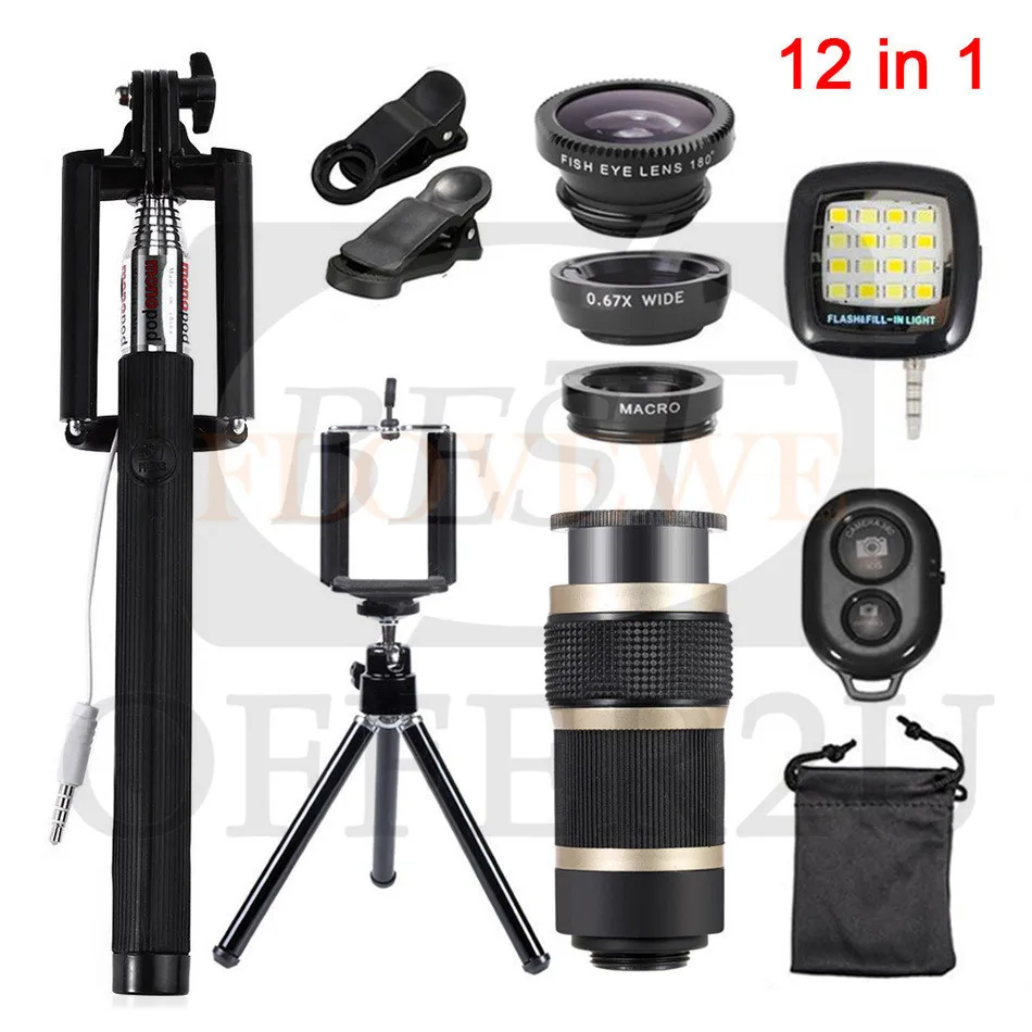

Camera Lens Fish eye Wide Angle Macro Lenses 8x Zoom Telephoto Lentes Tripod Clips Selfie Fill Light 12in1 Kits For Cell Phone