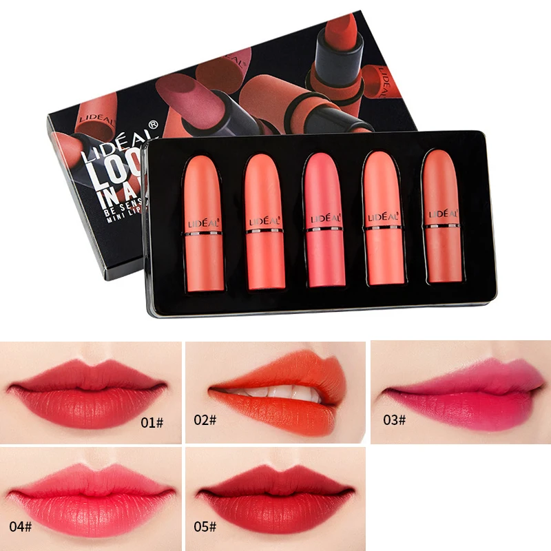 

2018 New Fashion Matte Lip Cosmetics Long Lasting Pigment Sexy Red Pink Brand 5pcs Matte Mini Lips Lipstick Set