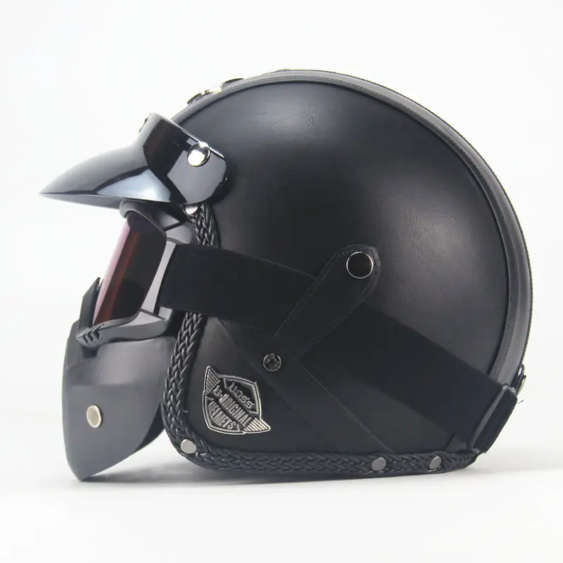 Взрослые 3/4 кожаные шлемы винтажные мотоциклетные байкерские скутер Cruiser с открытым лицом полушлем с открытым лицом Мотоцикл черный - Цвет: VSClassic black 2