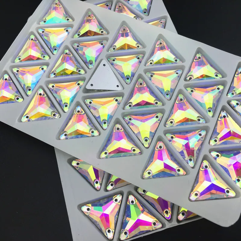 투명/크리스탈 AB 유리 크리스탈 삼각형 라인석 12mm 16mm 22mm, 바느질 3 구멍 스톤 DIY 의류 쥬얼리 스톤