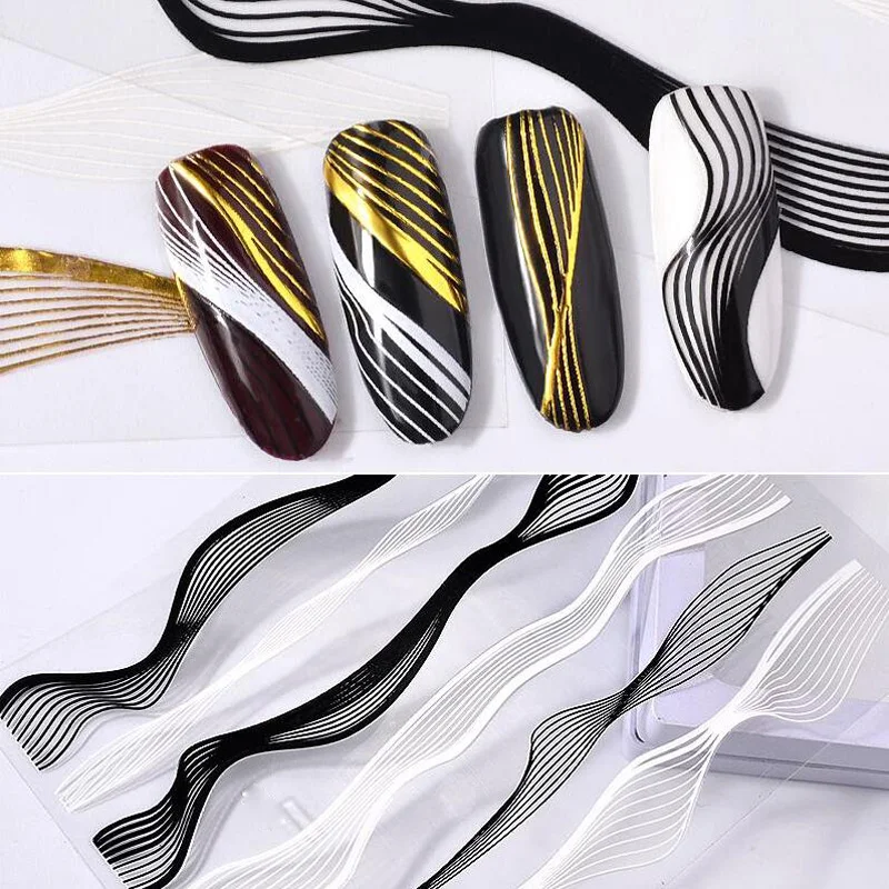 

Addfavor 3D Metallic Nail Stickers Decals Hollow Out Metal Wave Line God Silver Nail Art Sticker Wrap Vanish Manicure Decoration