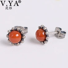V.YA 925 пробы серебряные серьги для женщин ретро круглые натуральные камни серьги винтажные тайские серебряные ювелирные изделия лучший подарок