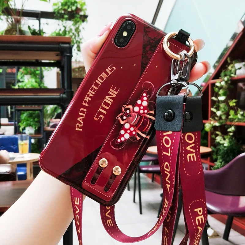 

Easterm Luxury 8 Bee Case & Hanging Rope & Holder Function Phone Shell For iPhone 6 6s 7 8 Plus X Xs Max XR Cell Phone Cover