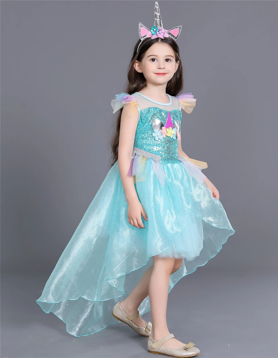 Детское платье с цветочным принтом и единорогом для дня рождения; костюм для девочек на Рождество и год; платье принцессы с длинным шлейфом для девочек; roupa infantil