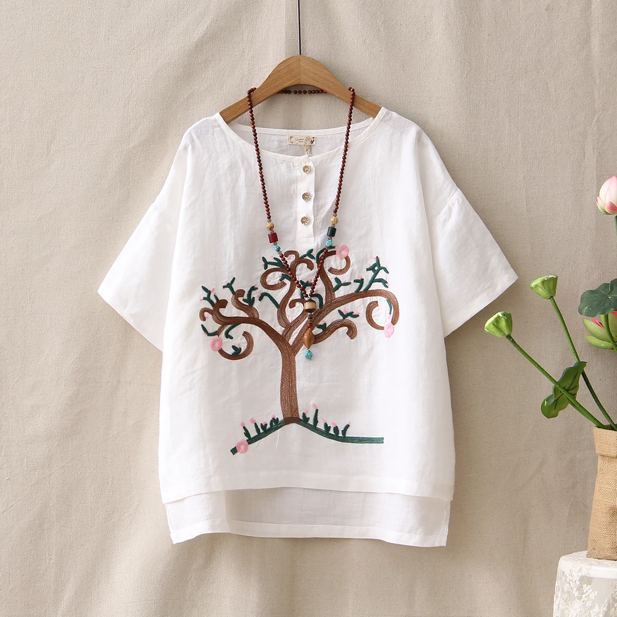 

Retro Cotton Linen Embroidery Tree Pattern T-shirt Female Loose Casual Round Neck Short-sleeved Summer Tee Shirts Women 5 Colors