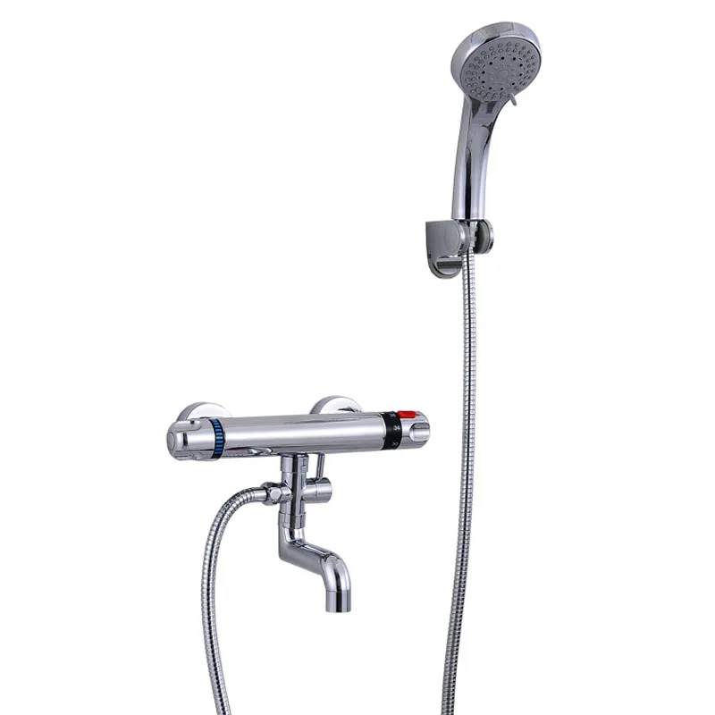 Dual Handle Wall Mounted Temperature Control Shower Set Swivel Tub Spout with hand Shower Thermostatic Mixer