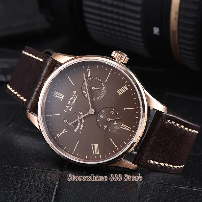 

42mm parnis coffee dial rose case power reserve ST1780 date automatic men watch