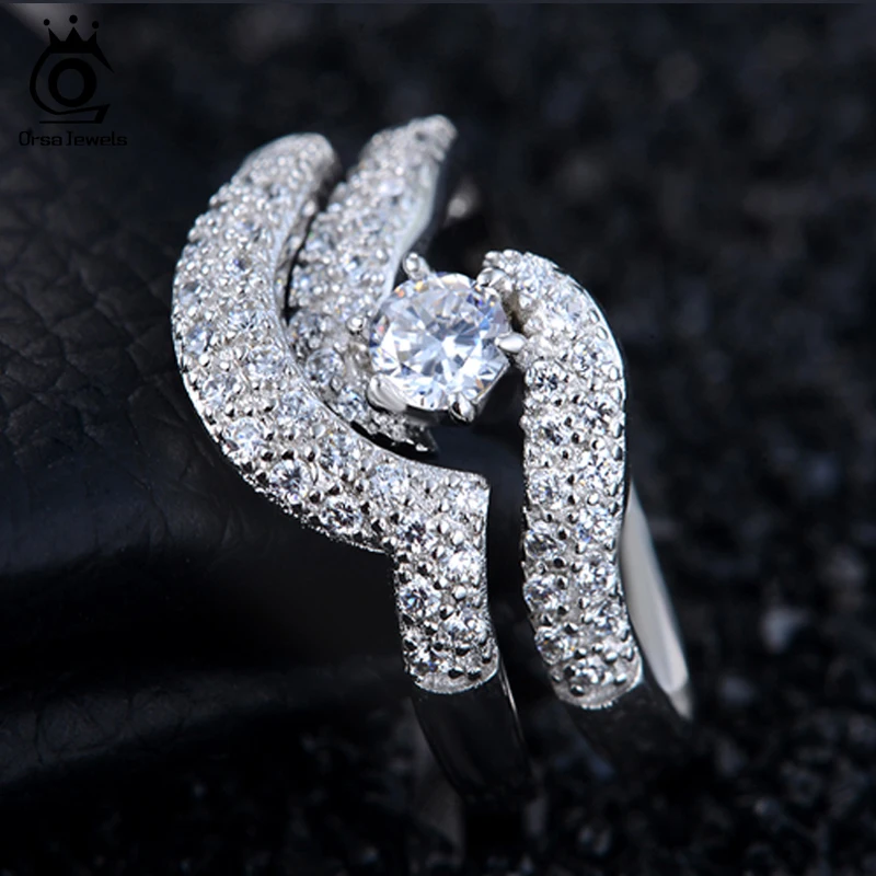 ORSA JEWELS Women Luxury Ring Silver Color Ring AAA Quality Cubic Zircon Perfect Polish Promise Gift For Women Jewelry AOR49