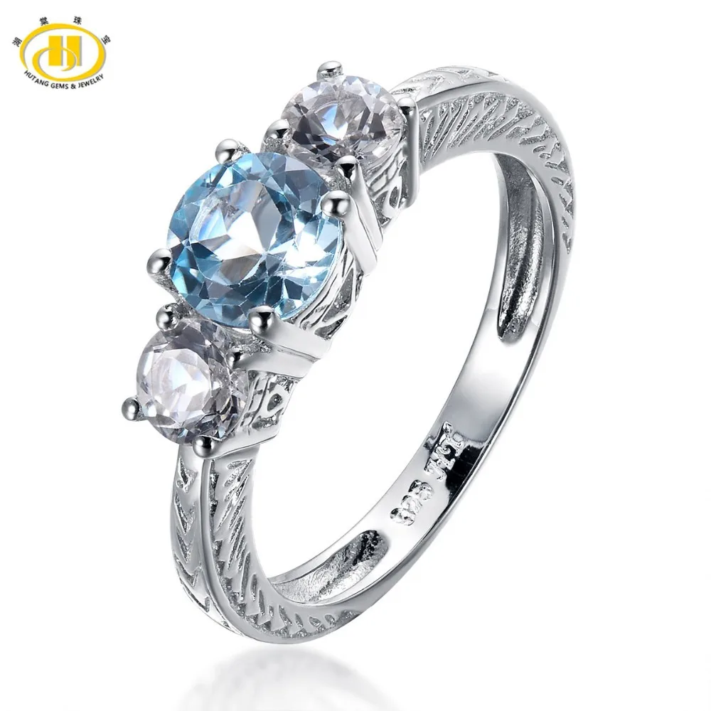 

Hutang 1.58ct Natural Blue Topaz Solid 925 Sterling Silver Ring For Women Engagement 3-stone Gemstone Vintage Fine Jewelry Ring