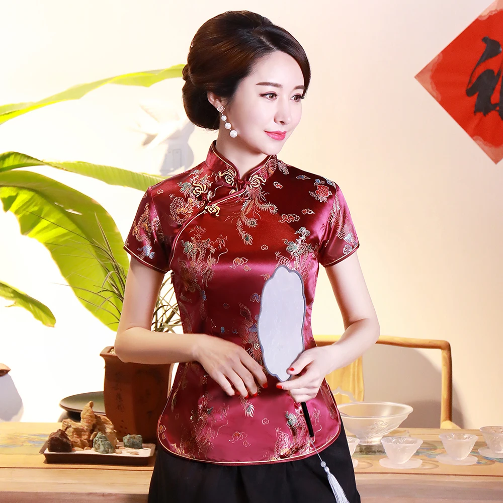 Dragon Phoenix Chinese National Women Blouse NEW Casual Summer Short Sleeve Shirt Tops Traditional Mandarin Collar Clothing